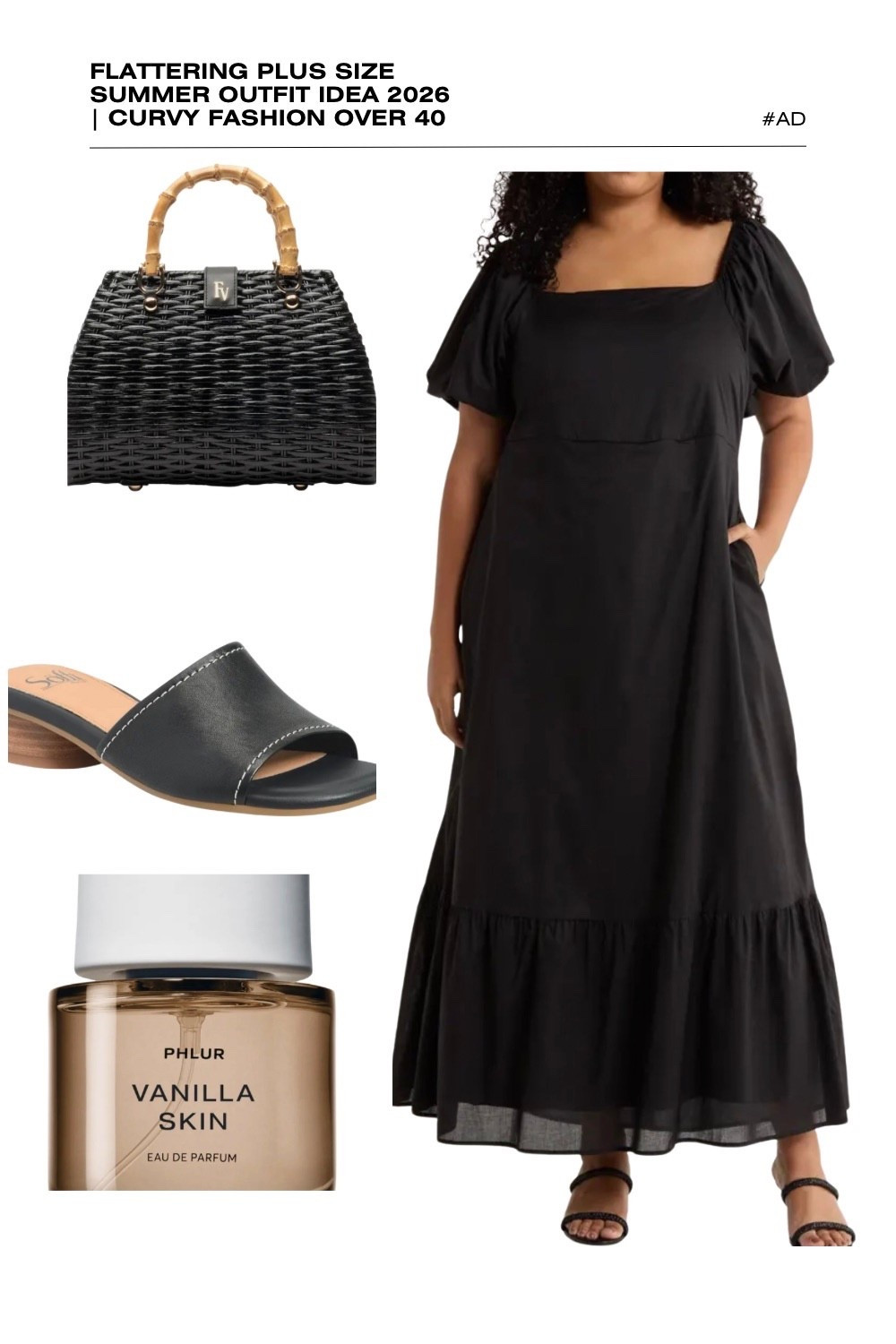 Looking for a chic and flattering black plus size summer outfit for 2026? This puff sleeve maxi dress is a capsule wardrobe essential for curvy fashion over 40. Featuring a classic square neckline, a tiered ruffle hem, and an easy-to-wear silhouette, this dress is perfect for a summer date night or a casual city walk.
We’ve styled this versatile black cotton dress with a black wicker bamboo handle satchel and simple black leather slide sandals for a cohesive, monochromatic look. The ensemble is topped off with the viral, warm scent of Phlur Vanilla Skin. Discover how to style black for summer while staying cool and effortlessly elegant. #PlusSizeFashion #BlackMaxiDress #SummerOutfits2026 #CurvyStyle #PhlurVanillaSkin #Over40Fashion #SummerNoir