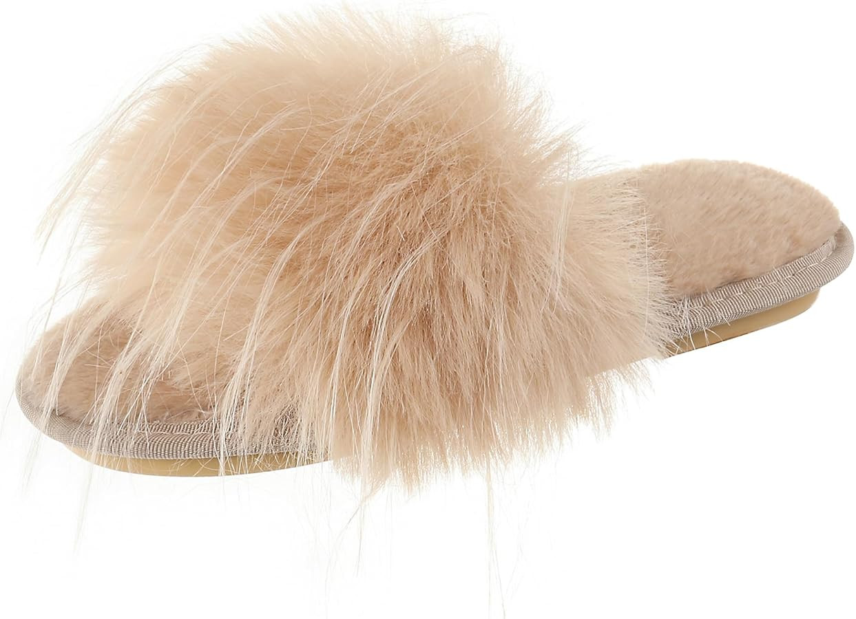 Fur Story Women's Furry Slippers Open Toe Fuzzy Slippers Memory Foam Fluffy House Sandal | Amazon (US)