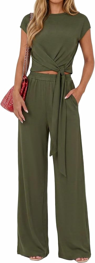 PRETTYGARDEN 2 Piece Matching Lounge Sets For Women Summer Short Sleeve Tie Front Crop Tops Casua... | Amazon (US)
