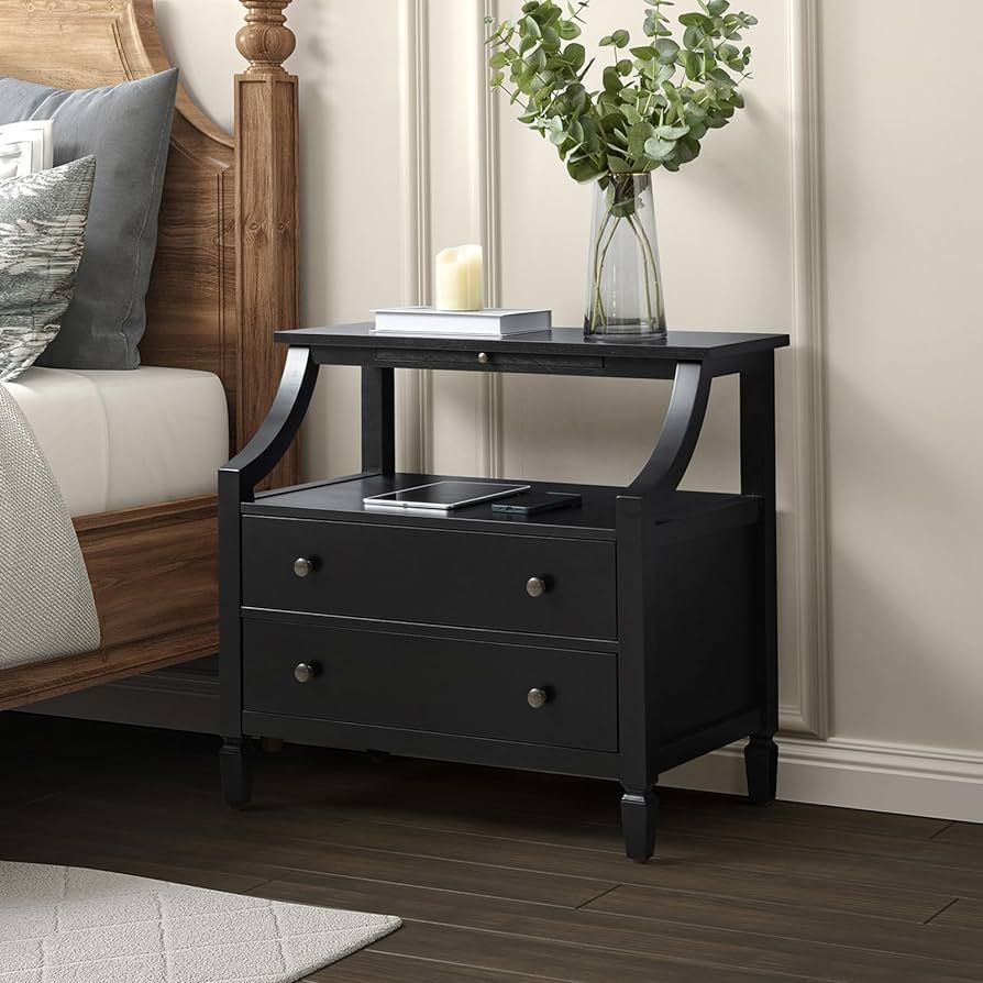 HULALA HOME Wood Nightstand with Charging Station, 2 Drawer Large Black Nightstand, Bedside Table... | Amazon (US)