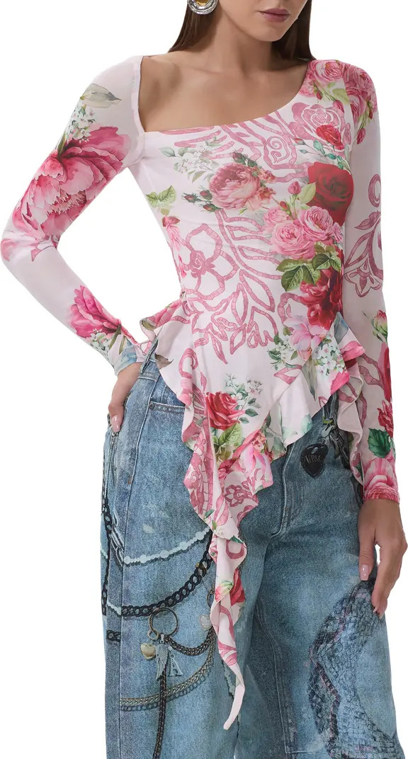 Doris Ruffle Asymmetric Mesh Top | Nordstrom