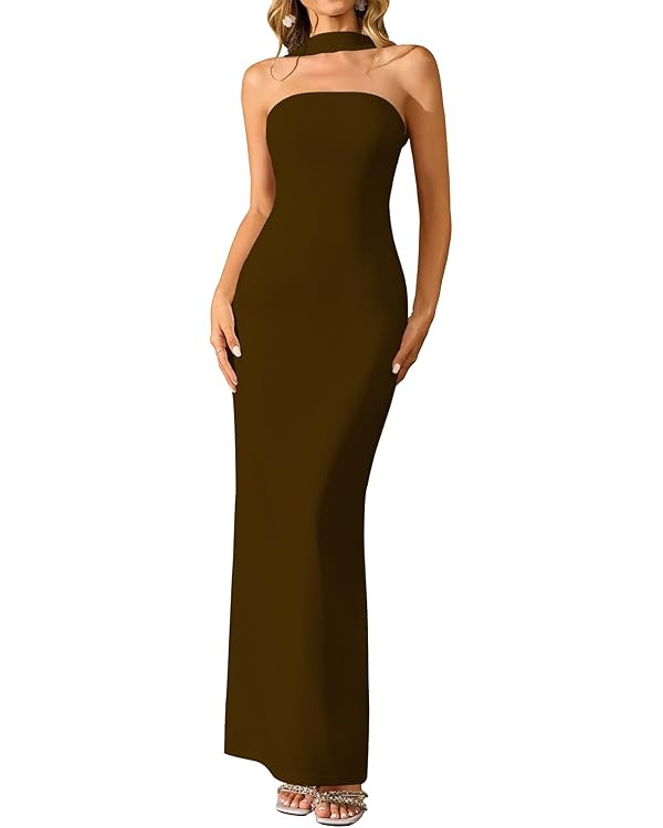 HTZMO Women Elegant Summer Bodycon Maxi Dress Halter Neck Formal Wedding Guest Cocktail Party Lon... | Amazon (US)