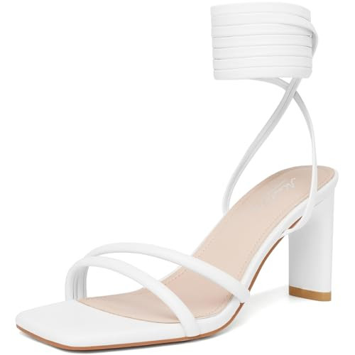 Mostrin White Heels for Women Strappy Lace Up Square Open Toe Heels Tie Up High Heeled Sandals for Wedding Prom, Party, Daily Wear Size 9.5 | Amazon (US)