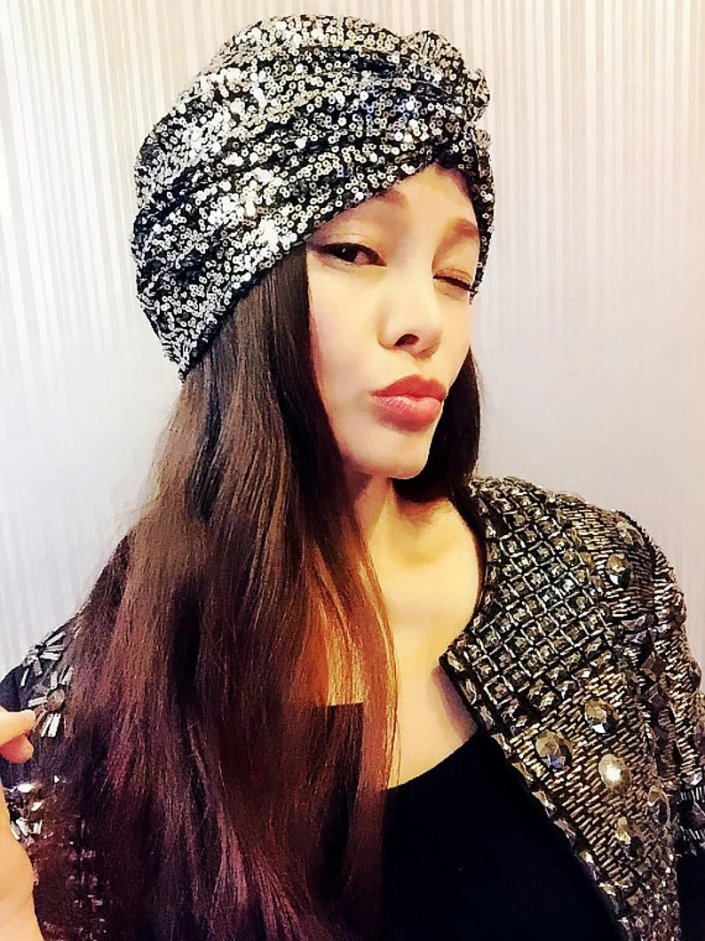 Silver Sequin Turban,Womens Turban,Full Turban,Turban Headband,Turban Hat,Stretch Turban,Fashion ... | Etsy (US)
