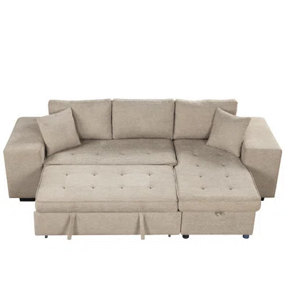 104.5" Modern L-Shape 3 Seat Reversible Sectional Couch, Pull Out Sleeper Sofa With Storage Chaise And 2 Stools For Living Room Furniture Set, Cream | Wayfair North America