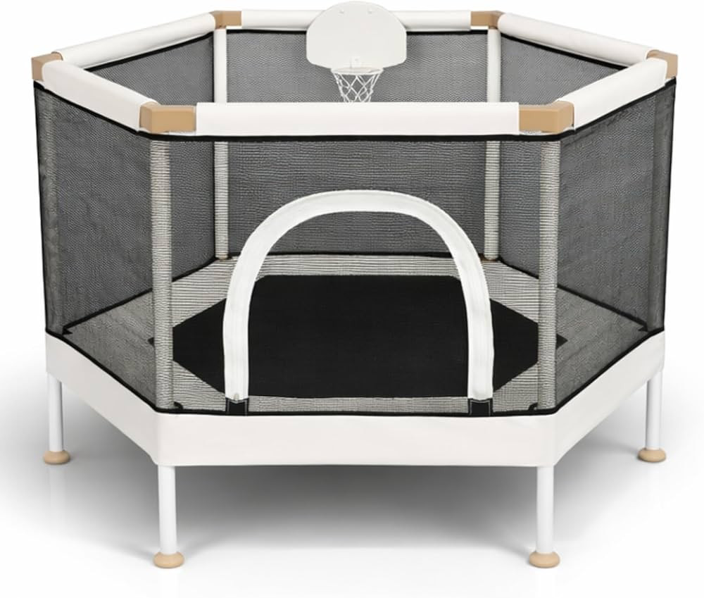 Kids Trampoline, Aesthetic Indoor and Outdoor Toddler Trampoline with Safety Net, Basketball Hoop... | Amazon (US)