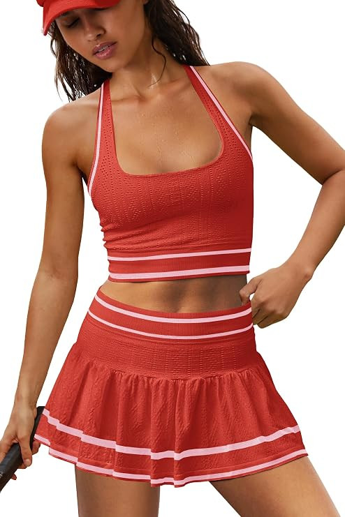 LAMISSCHE Seamless Athletic Skirt Set Square Neck Tank Pleated Skort Set | Contrast Piping, Halte... | Amazon (US)