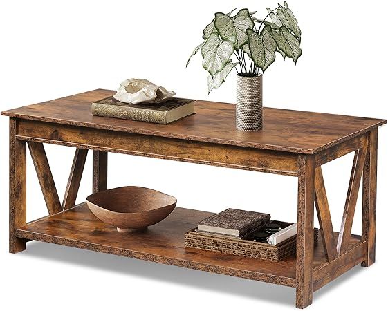 WLIVE Farmhouse Coffee Table,Living Room Table with Storage,43 in Wood Center Table with V-Shaped... | Amazon (US)