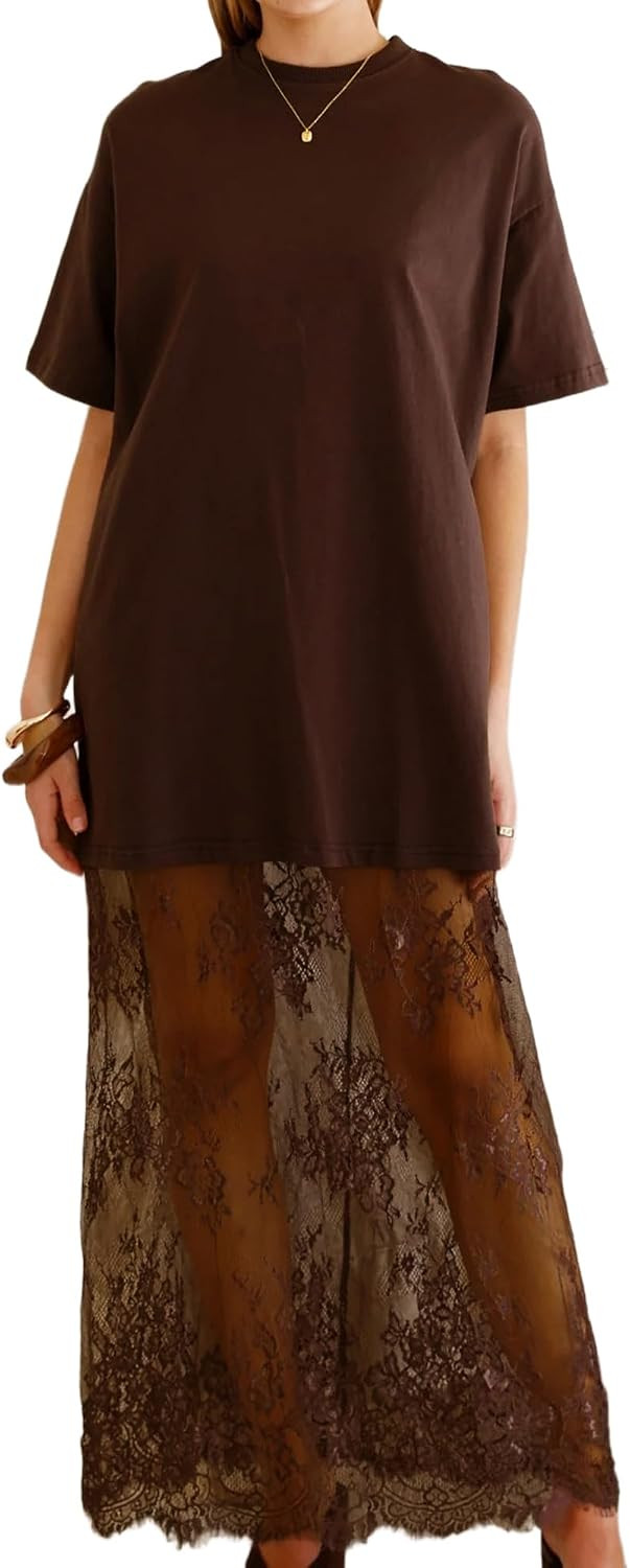 Pinclodly Womens Short Sleeve Lace Maxi Dress Summer Patchwork Tshirt Dress | Amazon (US)