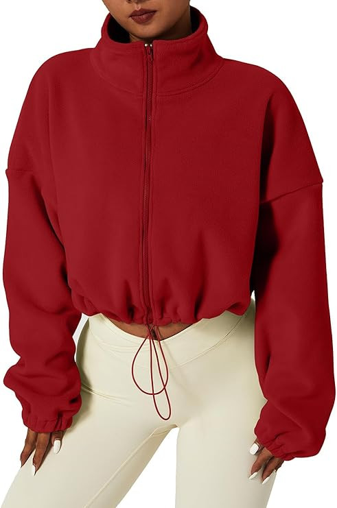 QINSEN Women's Full Zip Fleece Short Jacket Warm Winter Long Sleeve Stand Collar Sherpa Crop Coat | Amazon (US)