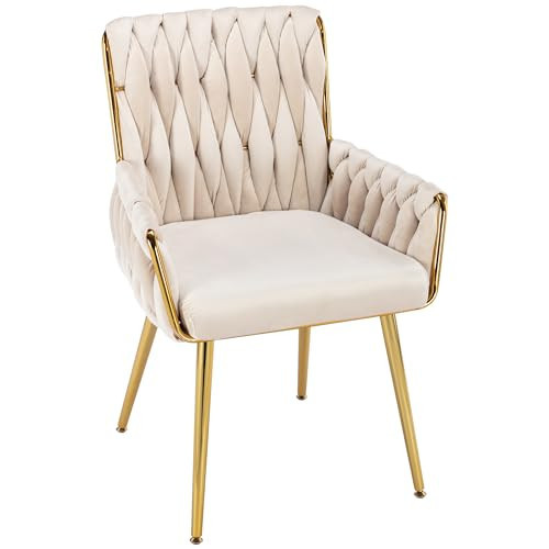 Westice Home Office Desk Chair 1PC, Upholstered Hand Weaving Desk Chairs with Golden Metal Legs & Armrest, Modern Accent Chairs for Dining Room, Living Room, Kitchen, Vanity, Beige | Amazon (US)