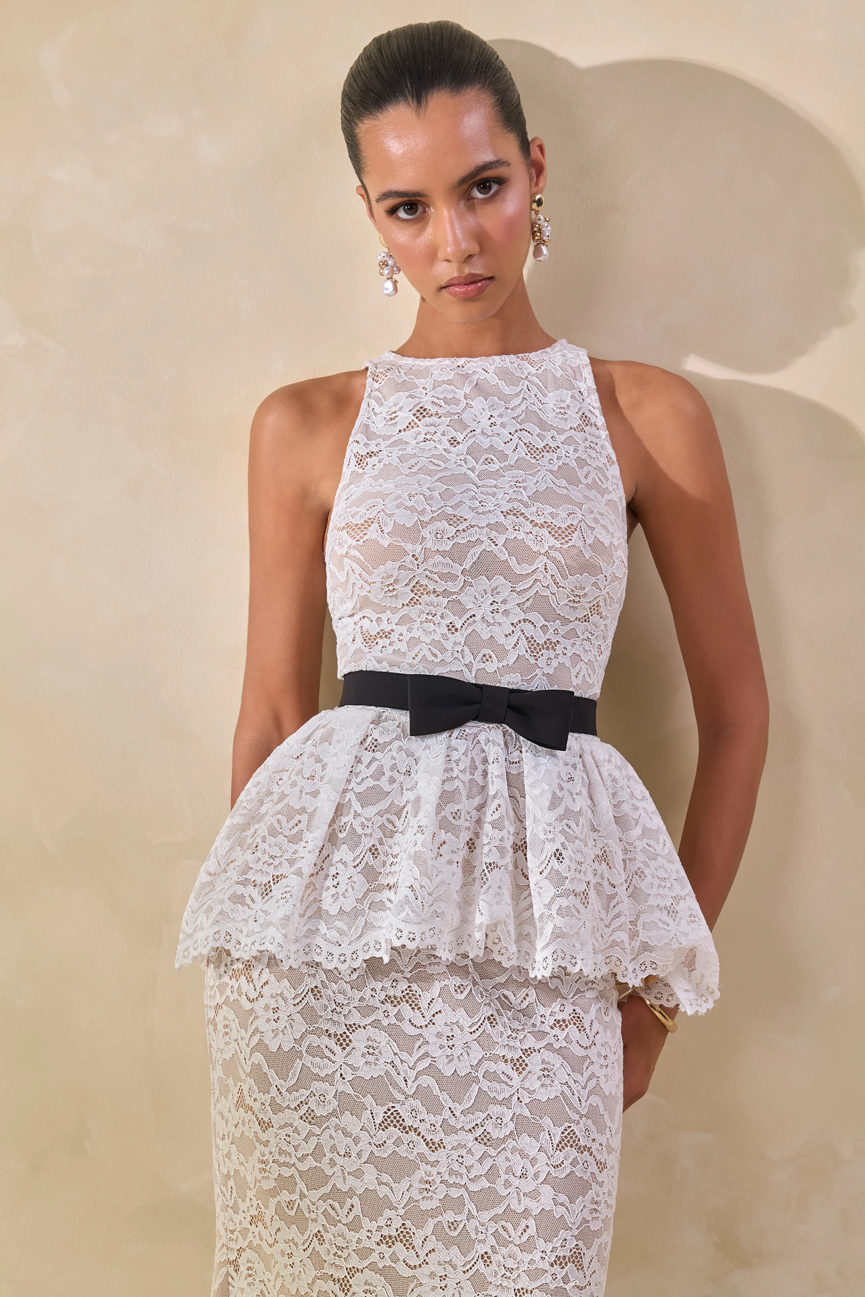Malisse | White Lace Round-Neck Top With Belt-Detail | Club L London