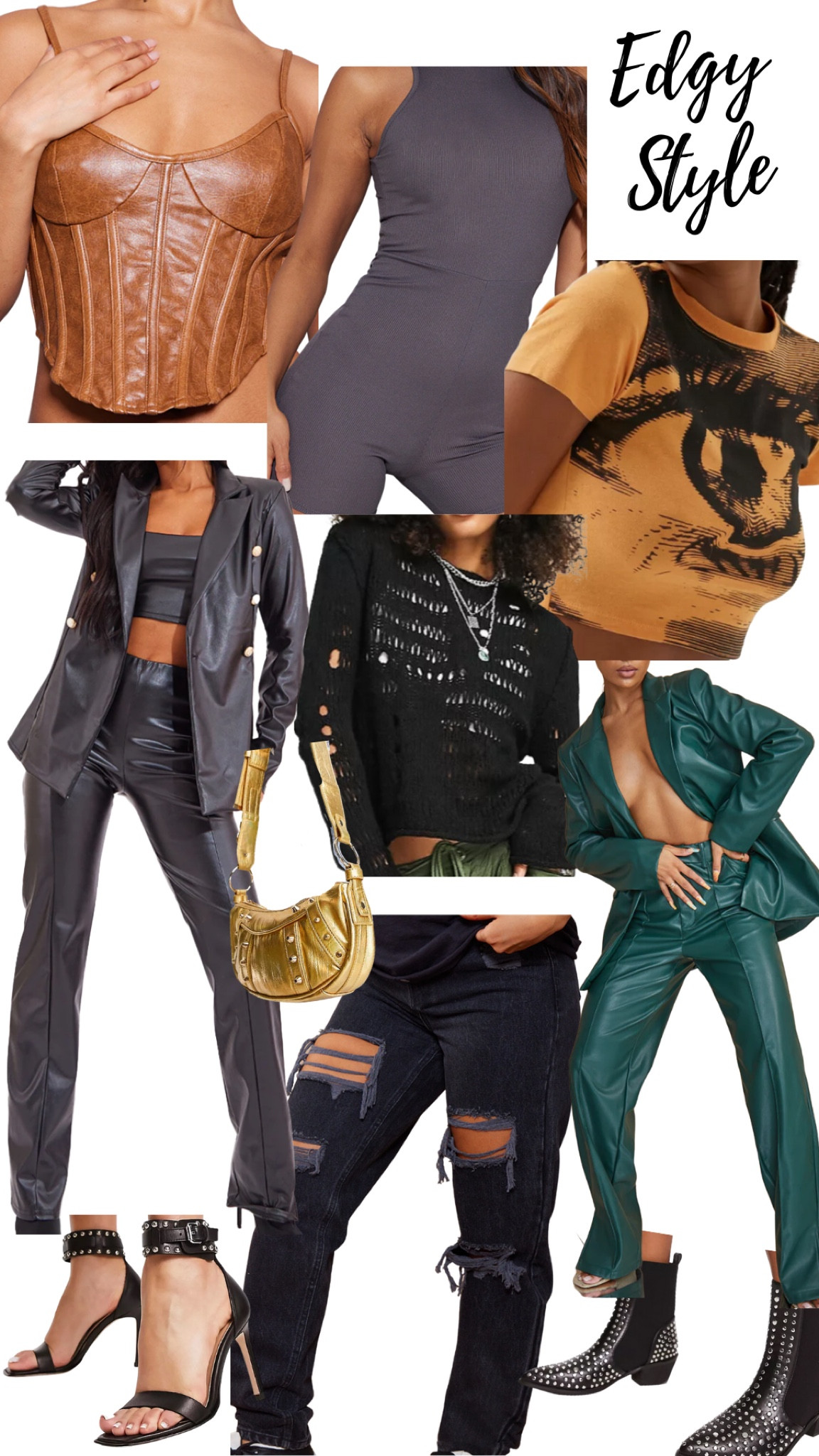 Edgy 
Graphic t
Leather suit
Stud heels
Studs
Leather top
Mesh 

#LTKunder50 #LTKstyletip #LTKsalealert
