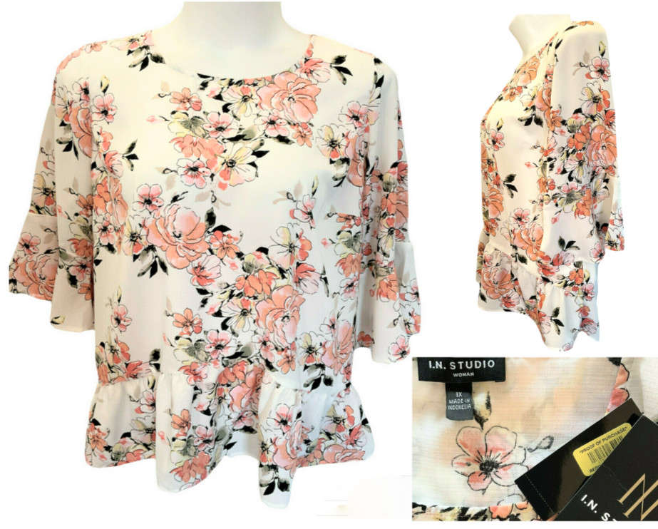 NWT IN Studio Peach Floral Ruffle Hem Bell Sleeve Peplum Top, Plus Size 1X | eBay US