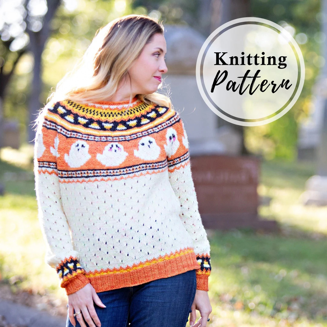 Halloween Sweater Knitting Pattern PDF Download Colorwork Ghosts & Candy Corn Pullover for Trick ... | Etsy (US)