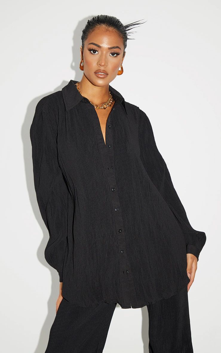 Tall  Black Plisse Oversized Cuff Detail Shirt | PrettyLittleThing US