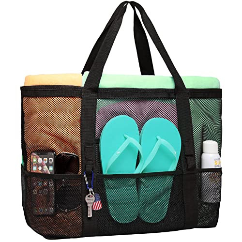 Amazon.com | F-color Mesh Beach Bag Family - Large Tote Bag 9 Pockets for Swim Pool Toys Cruise B... | Amazon (US)