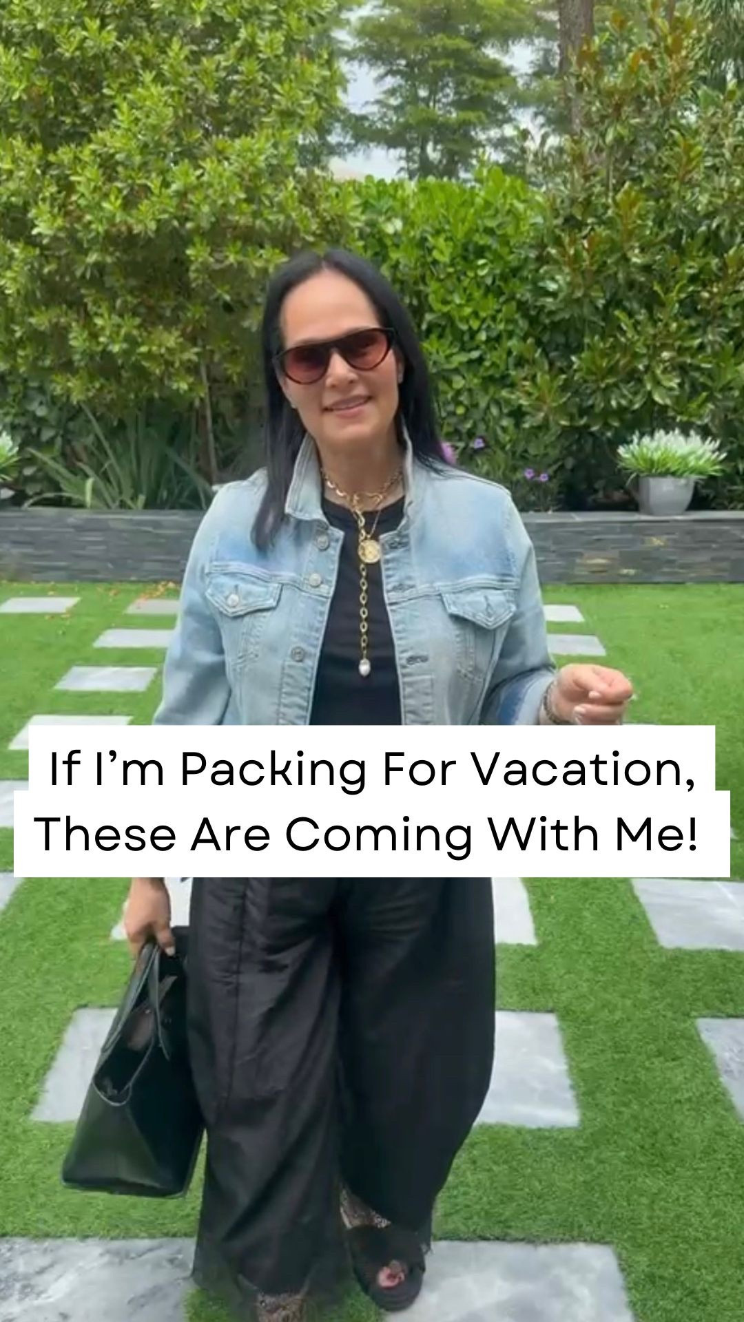 If I’m packing for vacation, these pants are coming with me. 🖤

Why? Because one great pair of black pants can give you multiple looks with almost no effort.

Wear them casually with a shirt and sneakers.
Go monochromatic with a matching top and slides.
Or dress them up with a chic top and heels for dinner.

That’s the kind of versatility I love.

Today I went for simple, elevated, and chic—pairing them with a black tee and black Zara slides.

I added a denim jacket (because I’m always cold 😅), and I love the contrast of the structured denim against the feminine lace detail.

Finished the look with a cuff, pearl lariat, and sunglasses.

Put together enough for lunch… casual enough for the grocery store.

That’s my kind of outfit.

Are you a black-pants-on-repeat kind of girl? 👇