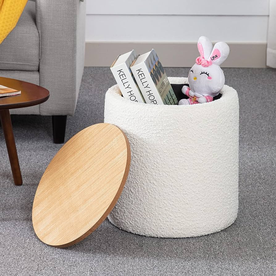 ONEVOG Beige Storage Ottoman with Wooden Lid, Tufted Boucle Fabric, Round Side Table Pouf, Small ... | Amazon (US)