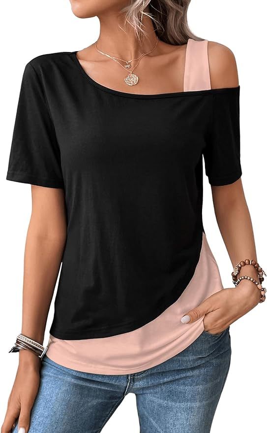 SOLY HUX Women's Color Block Tee Cold Shoulder Short Sleeve T Shirts Tops | Amazon (US)