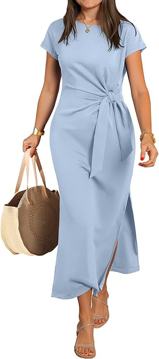 ANRABESS Womens Summer Maxi Dress Casual Crew Neck Tie Waist Split Wrinkle-Free Fit Long Fashion ... | Amazon (US)