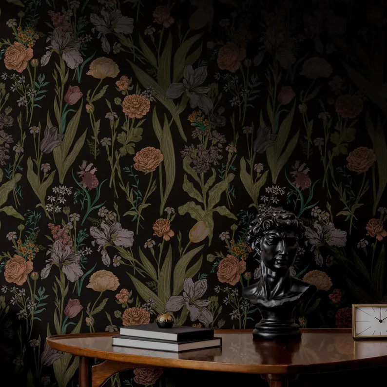 Dark Moody Botanical Wallpaper Muted Vintage Wildflower Bedroom Bathroom Removable Peel Stick, Pr... | Etsy (US)