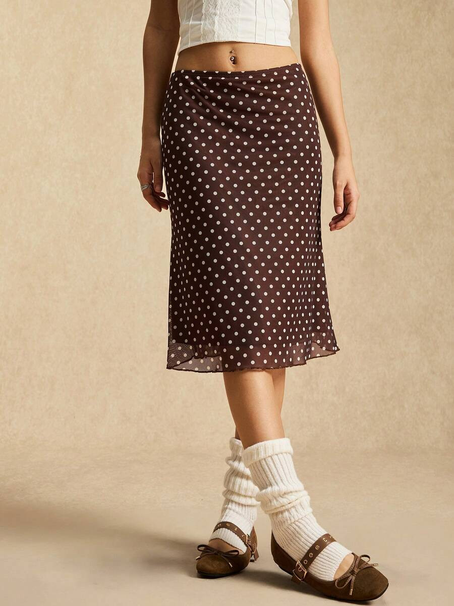 Easelle Coffee Brown Polka Dot Mesh Skirt, Midi Skirt, Brown Mesh, Retro Casual Style, 2025 Autum... | SHEIN