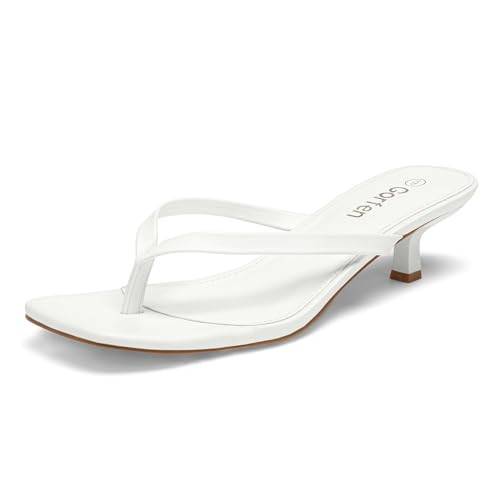 Gorfen Women's White Kitten Heel Sandals Square Open Toe Flip Flop Thong Cushioned Summer Vacation Sandals 8.5 | Amazon (US)