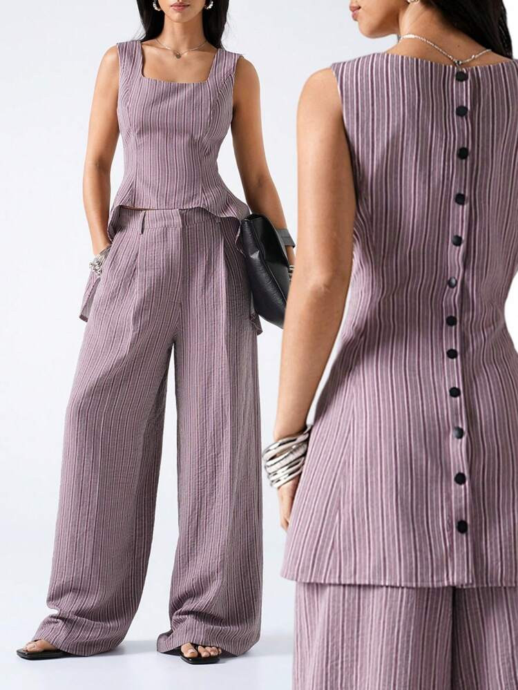 LYSMO 2026 New Arrive Minimalism Spring/Summer Women's Striped Square Neck Collar Vest And Wide Leg Pants Casual Suit Set | SHEIN