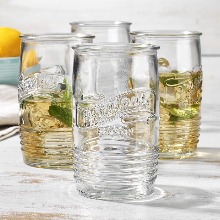 Glaver's Glass Tumbler Drinking Glasses Set of 4 – Genuine Artisan-Made Vintage Italian Original Mason – Elegant 20 Oz Clear Tumbler Glassware Set for Refreshing Drinks, Beverages, Iced Tea. | Amazon (US)