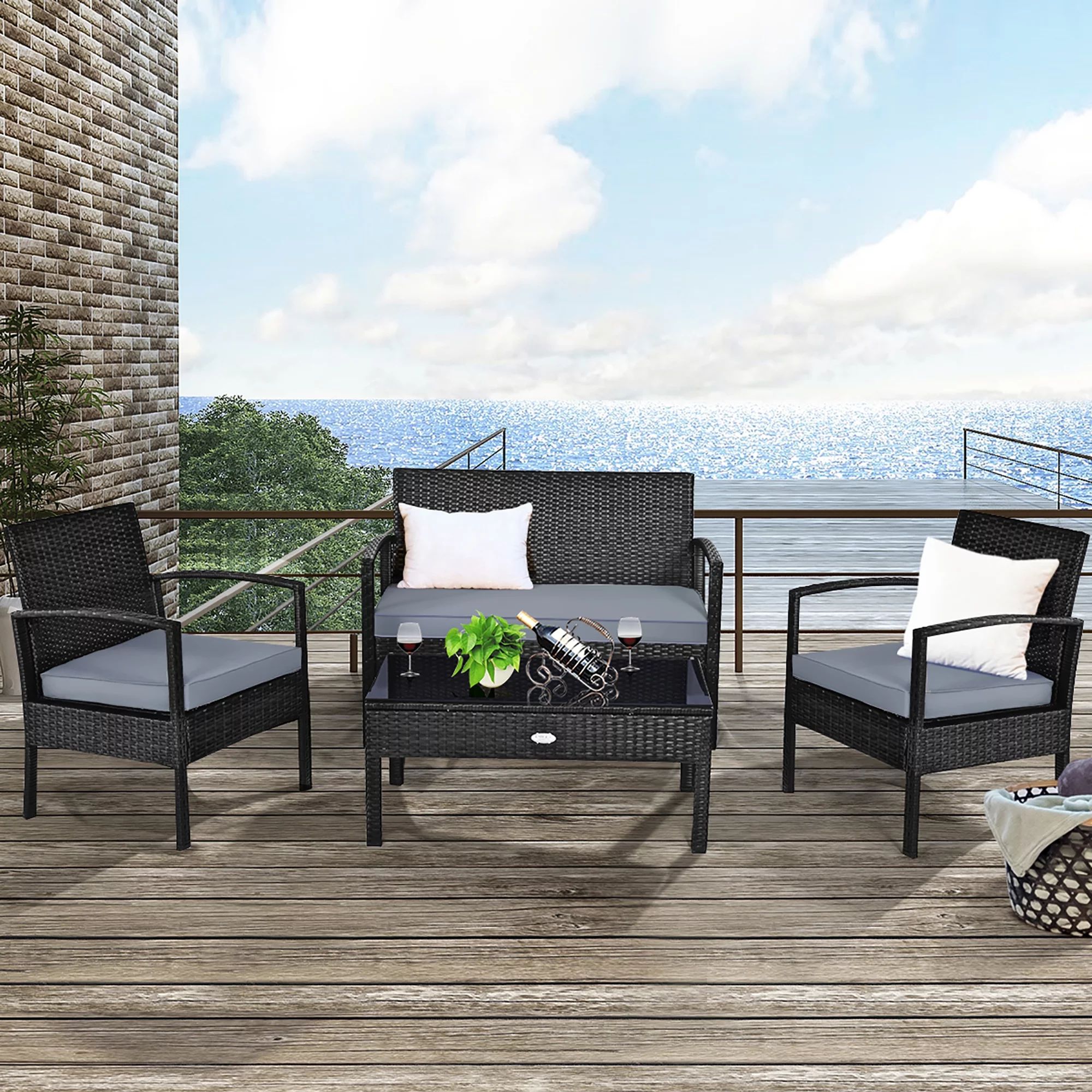 Costway 4PCS Outdoor Patio Rattan Furniture Set Cushioned Sofa Coffee Table Garden Deck | Walmart (US)