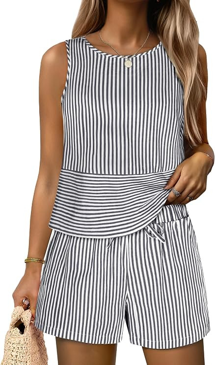 ANRABESS Womens 2 Piece Outfits Striped Summer Casual Sleeveless Tank Top Matching Shorts Lounge ... | Amazon (US)