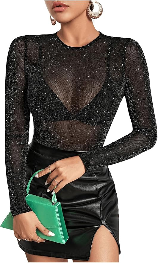 SHENHE Women's Sexy Glitter Sheer Mesh Top Fitted Long Sleeve Sparkly Party Rave Top | Amazon (US)
