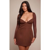 Shape Brown Woven Plunge Long Sleeve Mini Dress | PrettyLittleThing US