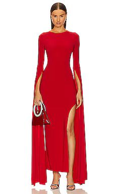 Norma Kamali Open Back Ribbon Sleeve Wide Slit Gown in Tiger Red from Revolve.com | Revolve Clothing (Global)