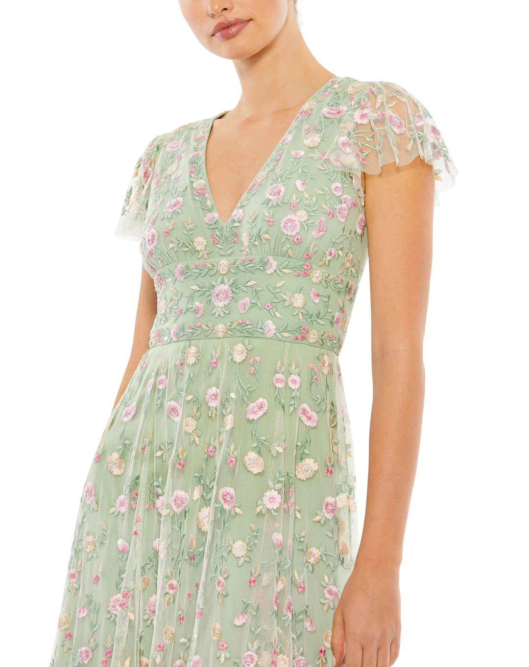 Embroidered V Neck Cap Sleeve Midi Dress | Mac Duggal