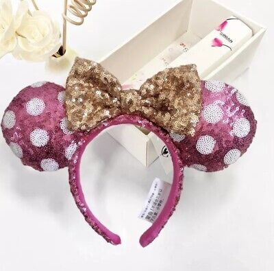 Disney Parks Ears Pink White And Gold Bow Sequins Minnie Mickey Headband | eBay US