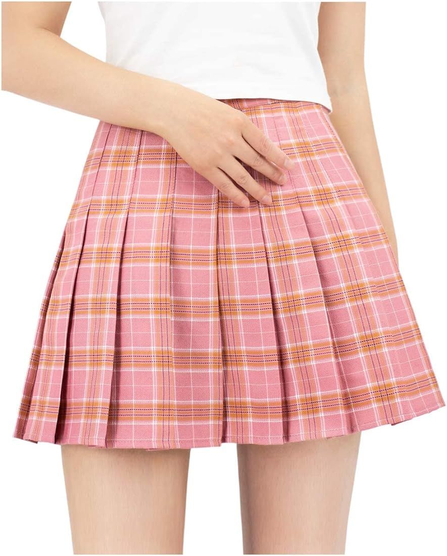 DAZCOS Plaid Pleated Skirts with Shorts High Waist A Line for Women Skater Tennis | Amazon (US)