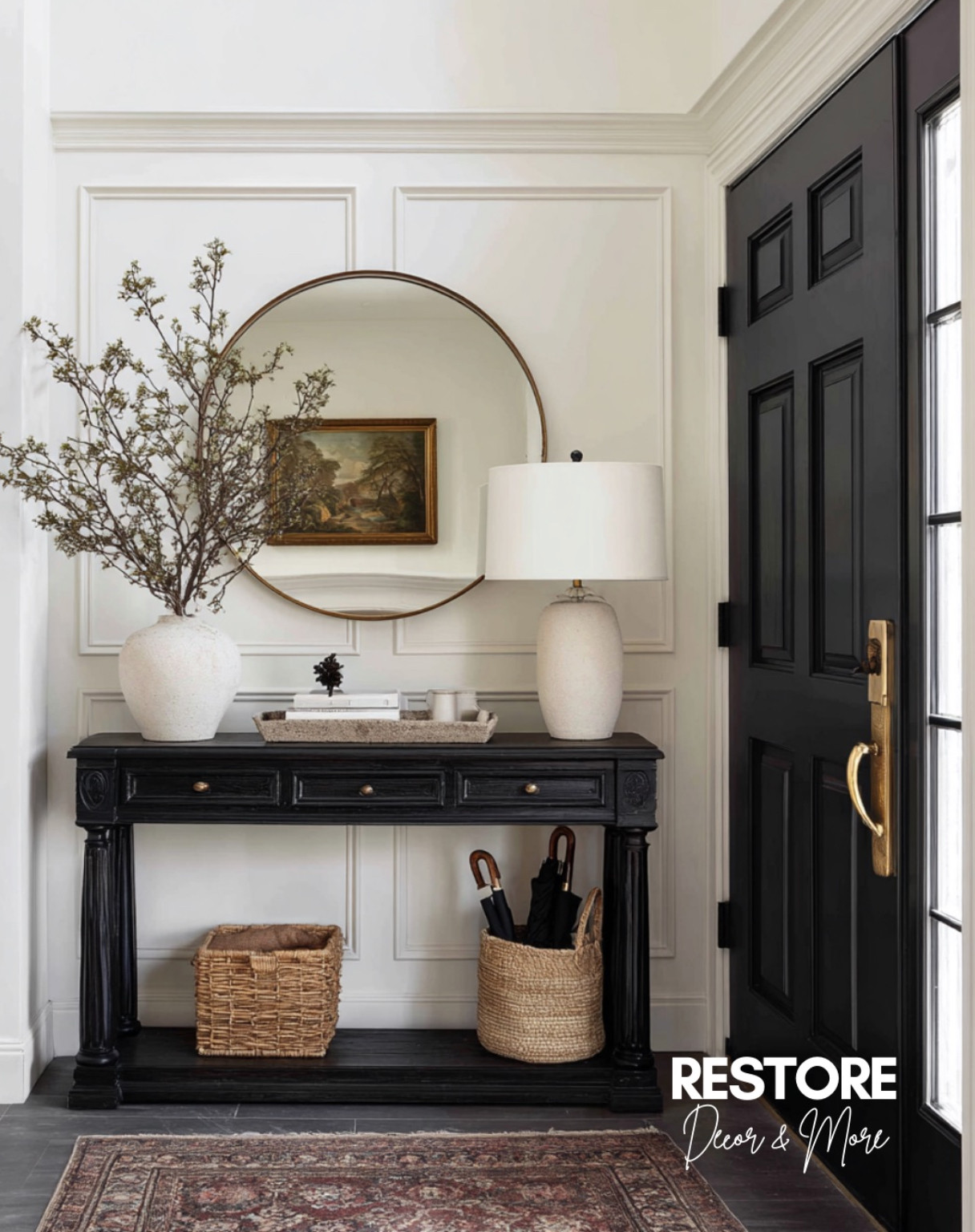 This black console table entryway is proof that simple details can make the biggest statement 🤍🖤 From the round mirror to the textured baskets, every element adds warmth and function. Would you style your entry this way?
#EntrywayDecor #ConsoleTableStyling #EntrywayInspo #NeutralHomeDecor #HomeStyle #InteriorInspiration #HomeDecorIdeas #ModernClassic #EntrywayGoals #DecorInspo #FoyerDecor #ConsoleTableDecor #InteriorStyling 

 #LTKHome #LTKSaleAlert #LTKFindsUnder100