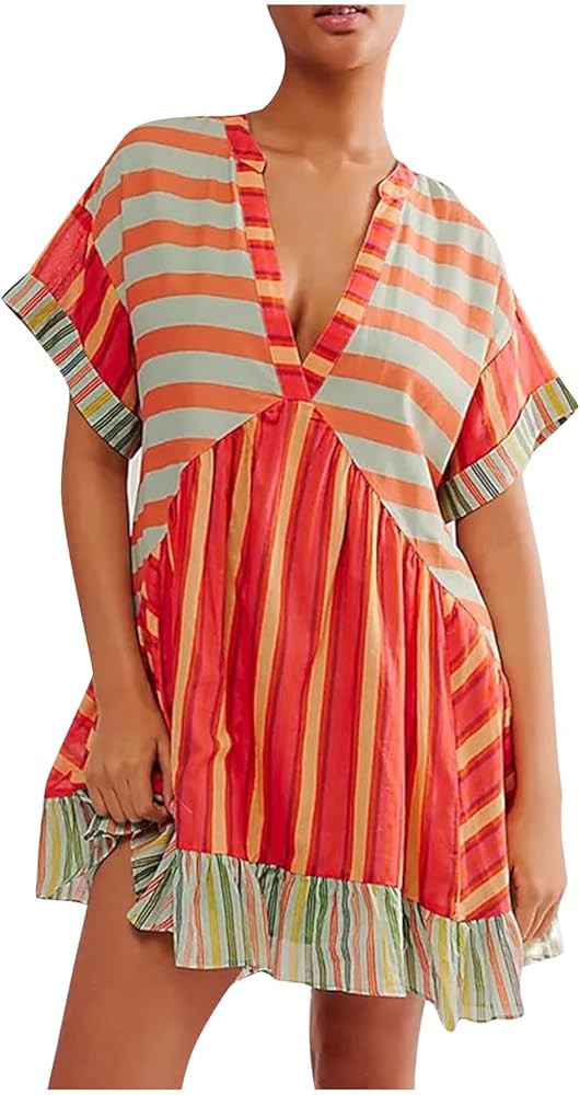Boho Summer Dress Casual Patchwork Floral Deep V Neck Ruffle Oversized Babydoll Sundress Y2k Hot ... | Amazon (US)