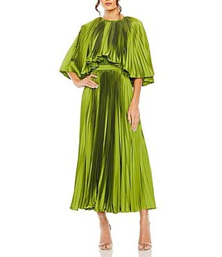 Mac Duggal Pleated Short Sleeve Belted Caplet Maxi Dress - 12 | Dillard's