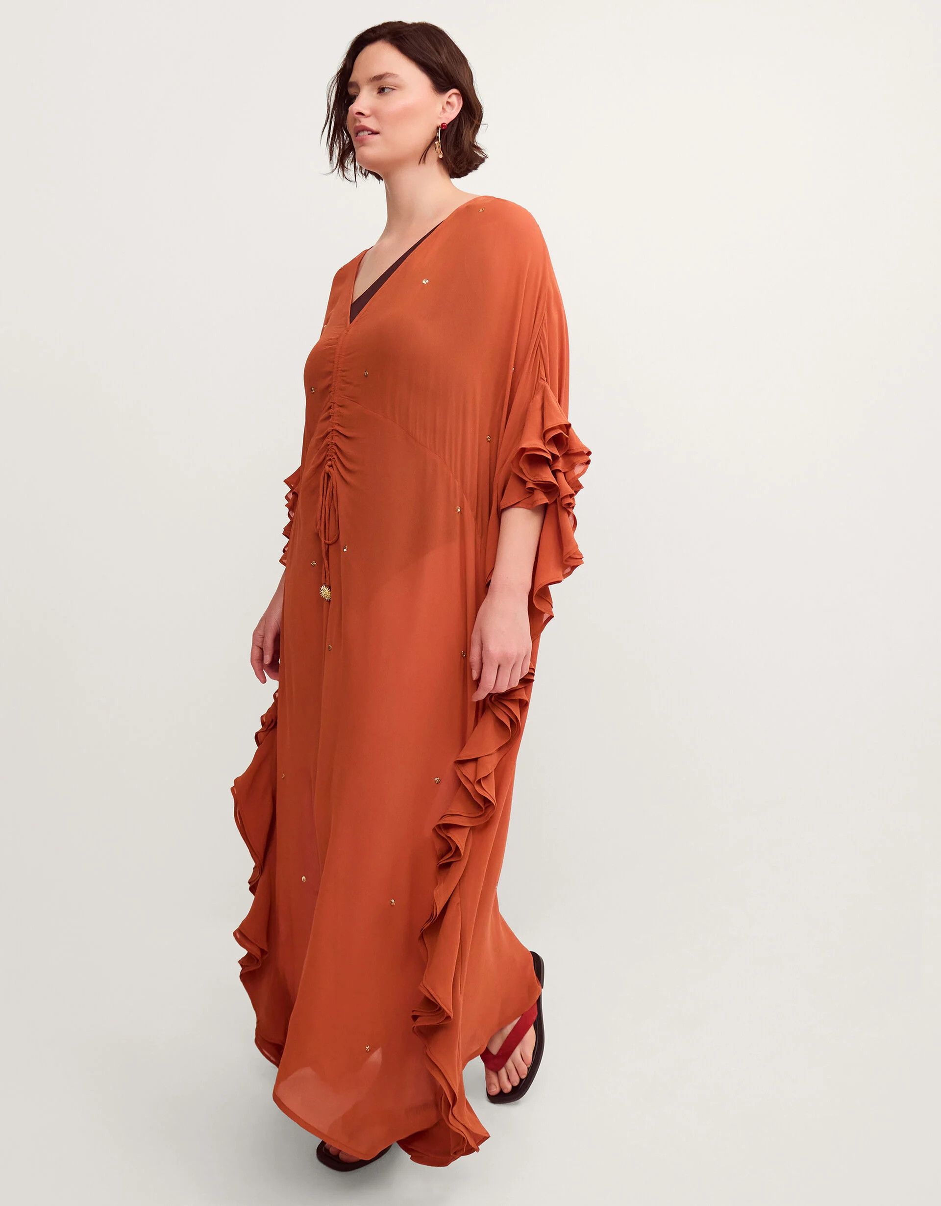 Callie Thorpe x Monsoon Embellished Ruffle Sheer Maxi Kaftan Orange | Monsoon (UK)