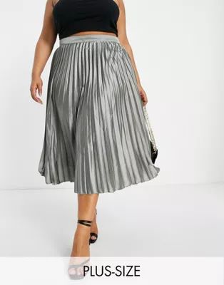 Koco & K Plus satin pleated midi skirt in silver | ASOS (Global)