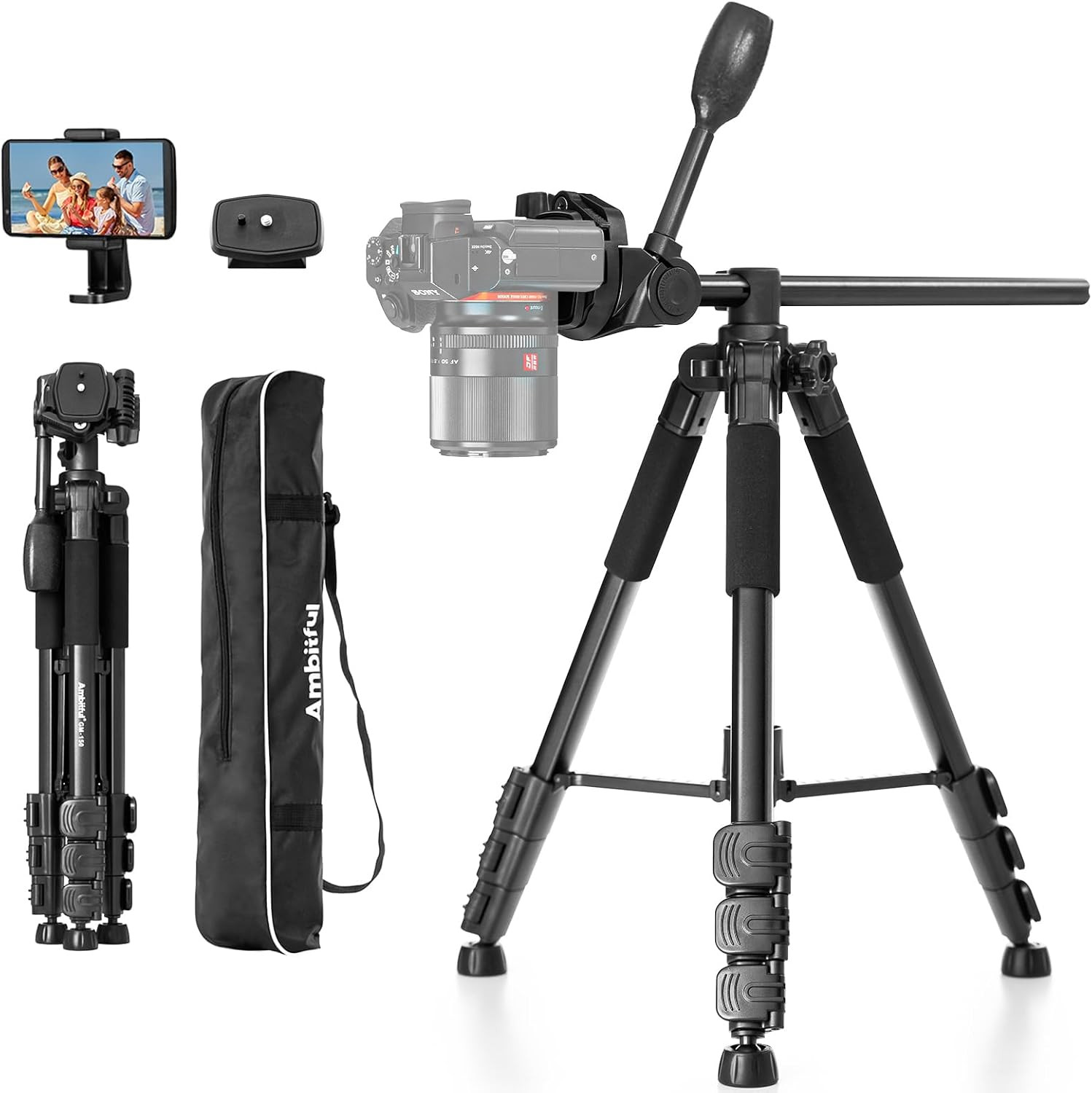 Ambitful 62" Professional Camera Tripod, Black - Removable Horizontal Mount for DSLR/Phone/Camcor... | Amazon (US)