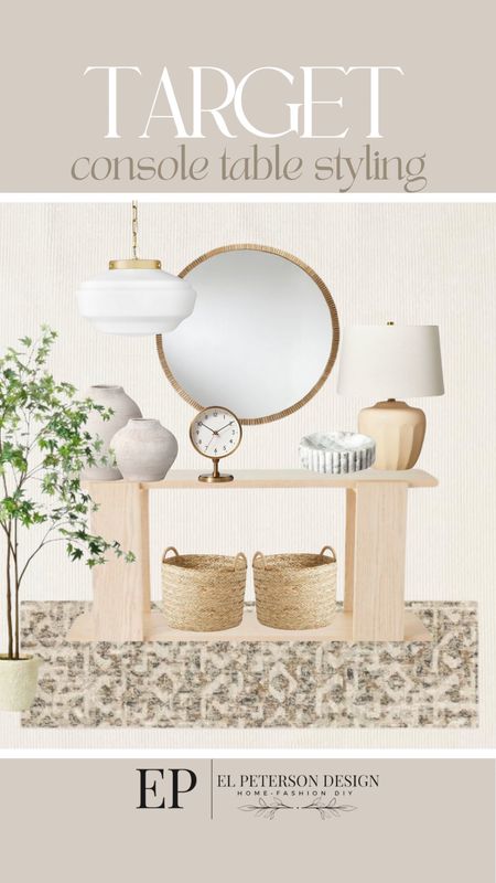 Mirror
Pendant light
Table lamp
Fluted bowl
Basket
Console table
Faux tree
Vases
Clock
Runner 


#LTKhome