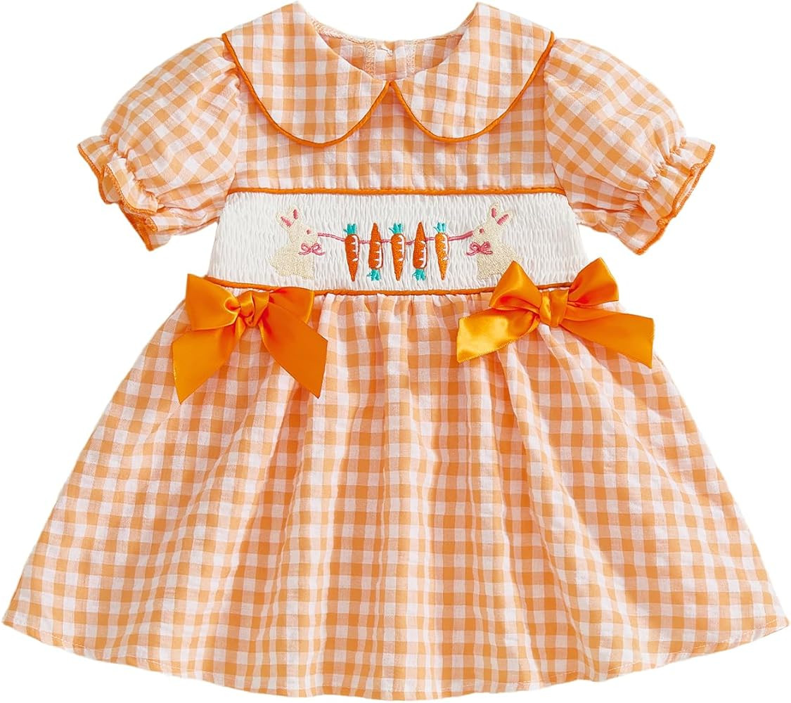Toddler Girl Easter Smocked Dress Peter Pan Collar Puff Short Sleeve Embroidery Dresses Kids Plai... | Amazon (US)