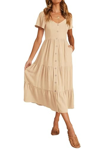 KIRUNDO Women 2025 Spring Summer Casual Short Sleeve Midi Dress Cream Linen Tiered A Line Flowy Beach Vacation Dresses with Pockets(Medium, Beige) | Amazon (US)