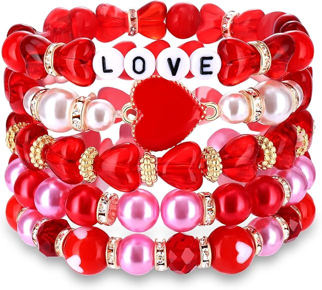 HEIDKRUEGER 3/5 Pieces Valentine's Day Beaded Bracelets for Women Red Heart Pendant Bracelet Glas... | Amazon (US)