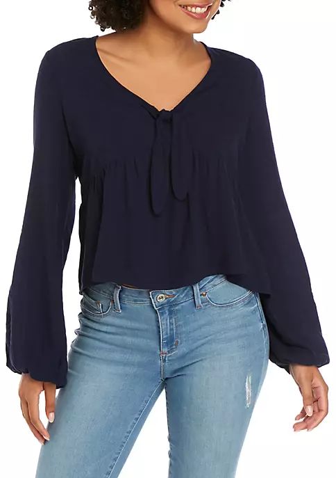 Long Sleeve Tie Front Baby Doll Top | Belk