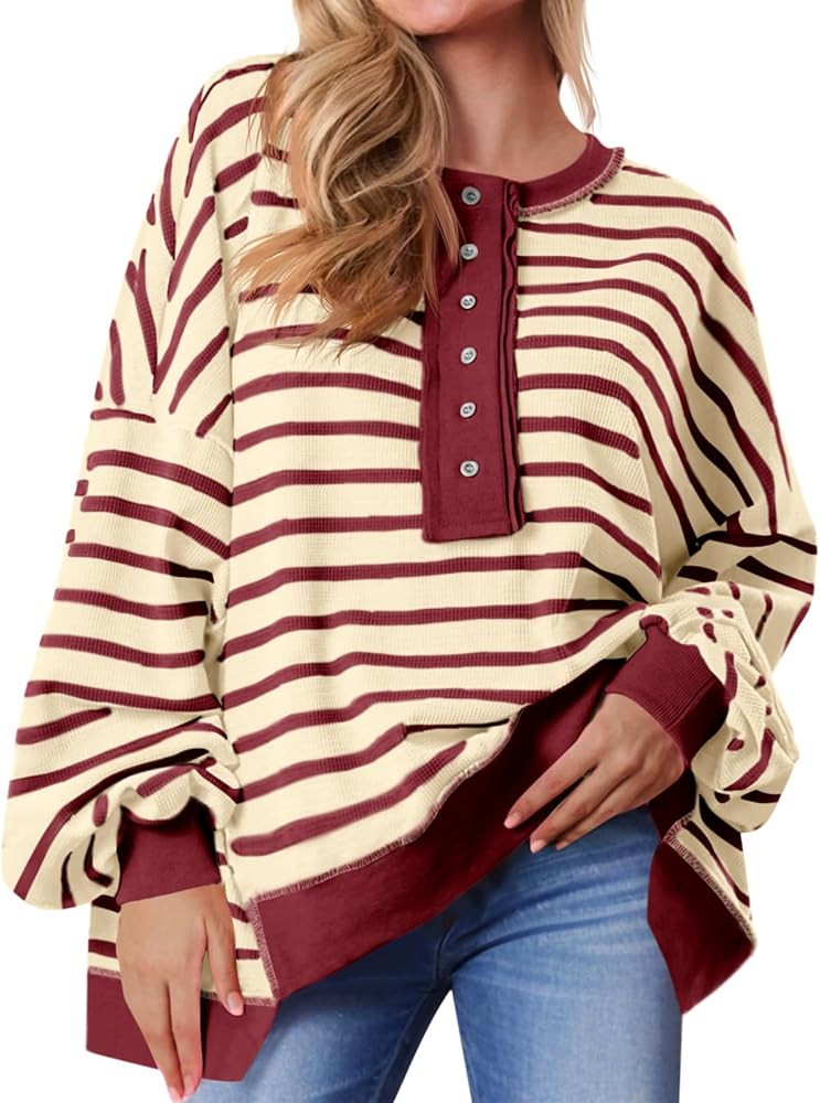 Tankaneo Womens Oversized Striped Sweatshirts Henley Shirts Color Block Casual Pullover Waffle Kn... | Amazon (US)